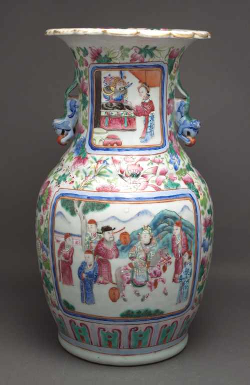 Appraisal: Chinese Export Rose Mandarin porcelain urn circa each side with