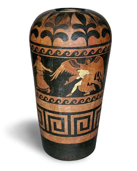 Appraisal: A Greek style terracotta black ground vase late th century