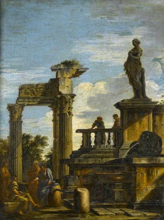 Appraisal: GIOVANNI GHISOLFI - PHILOSOPHERS CONVERSING AMONGST RUINS x cm Provenance