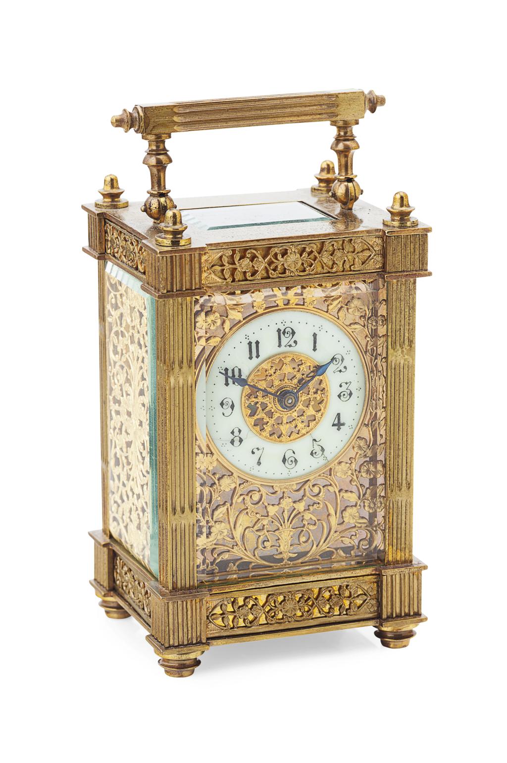 Appraisal: FRENCH GILT BRASS CARRIAGE CLOCK TH CENTURY the four glass