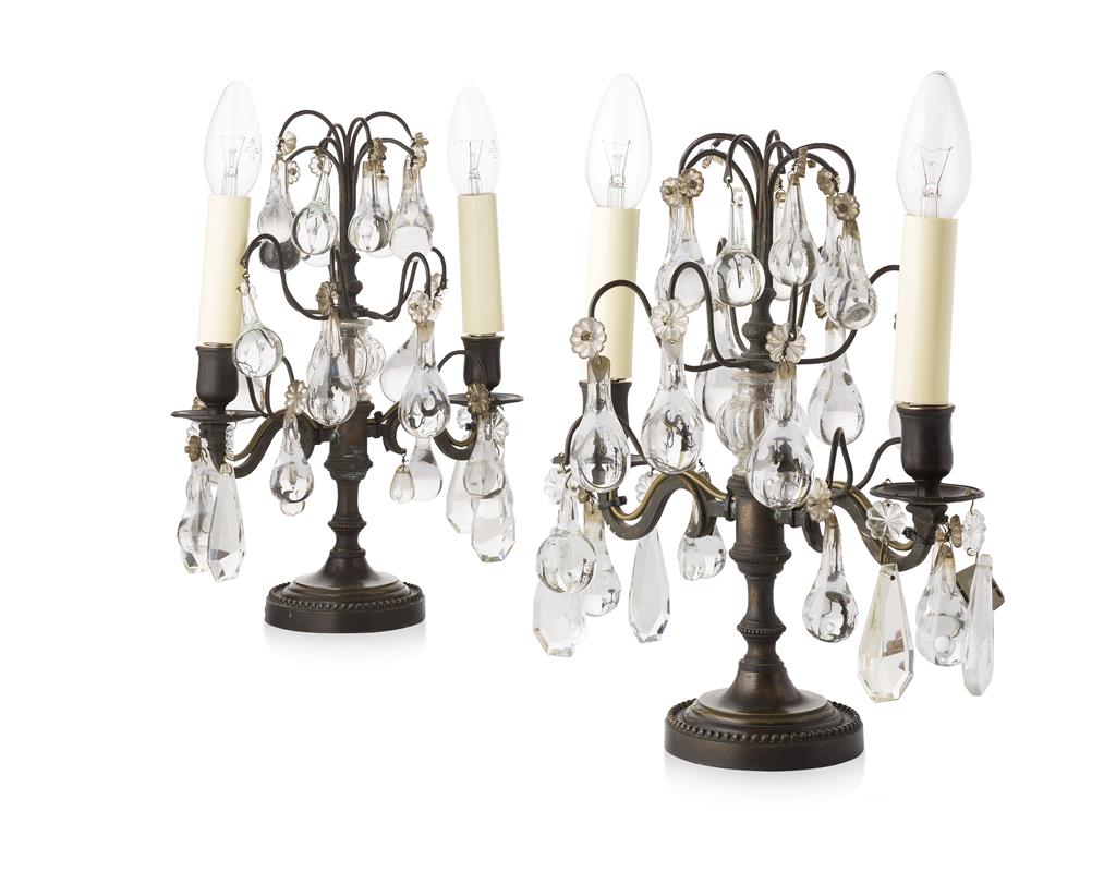 Appraisal: PAIR OF PATINATED METAL AND GLASS CANDELABRA TH CENTURY with