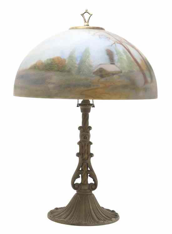 Appraisal: An American Reverse Painted Table Lamp the domed shade decorated