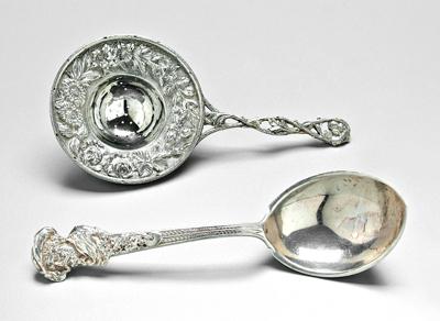 Appraisal: Sterling tea strainer serving spoon round tea strainer with repouss