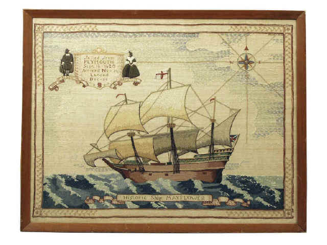 Appraisal: Vintage needlepoint sampler of The Mayflower accomplished in to honor