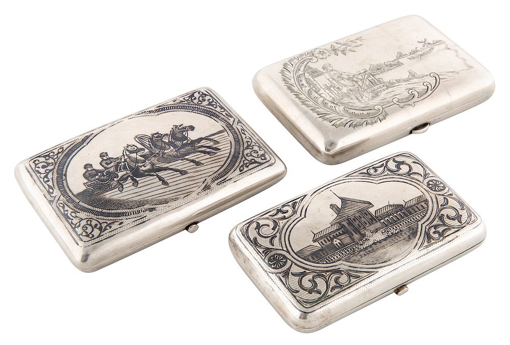 Appraisal: A GROUP OF THREE RUSSIAN SILVER CIGARETTE CASES EARLY TH