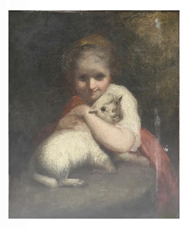 Appraisal: Oil on Canvas Girl with Lamb th century oil on