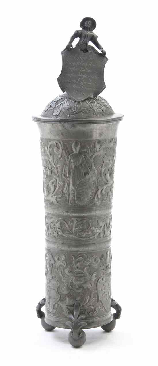 Appraisal: A Continental Pewter Tankard having a figural finial supporting a