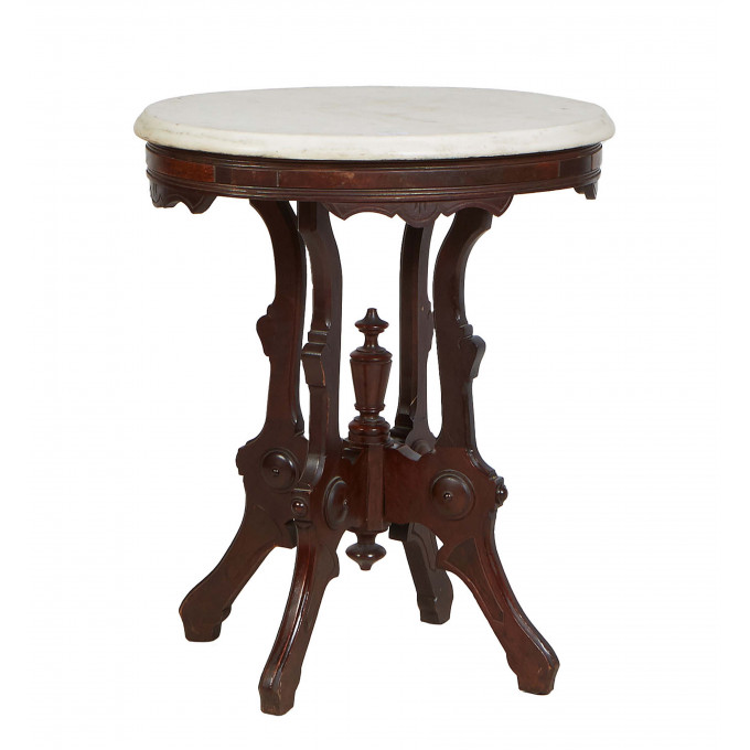 Appraisal: American Carved Mahogany Marble Top Lamp Table c the ogee