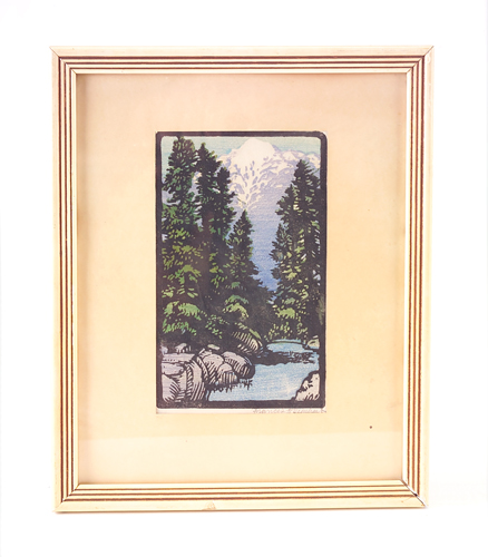 Appraisal: FRANCES GEARHART Color woodblock print with tall pines by snow-capped