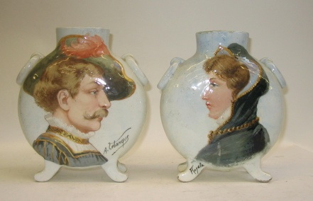 Appraisal: PAIR OF MAJOLICA POTTERY PAINTED PORTRAIT VASES signed A Lebamque