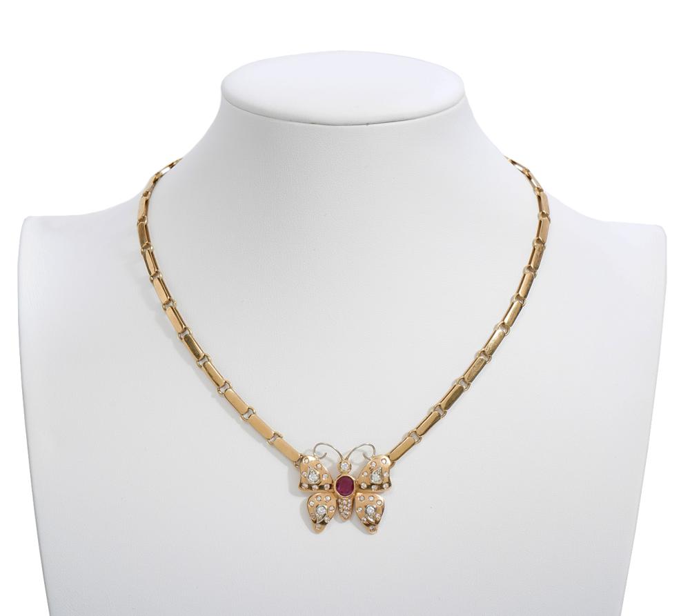 Appraisal: K YG DIAMOND RUBY BUTTERFLY ITALIAN NECKLACEItalian K yellow gold