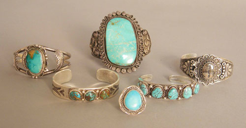 Appraisal: Five Native American silver and turquoise bracelets together with a