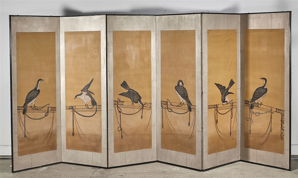 Appraisal: Chinese six-panel painted silk screen depicting falcons x approx Condition