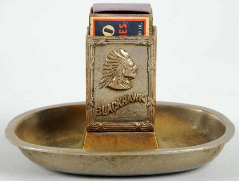 Appraisal: Metal Blackhawk Indian Ashtray Match Holder Shows use and wear