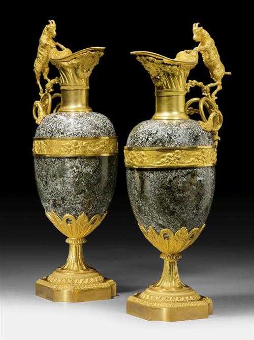 Appraisal: PAIR OF IMPORTANT TWO-HANDLED JUGS AU BOUC late Louis XVI