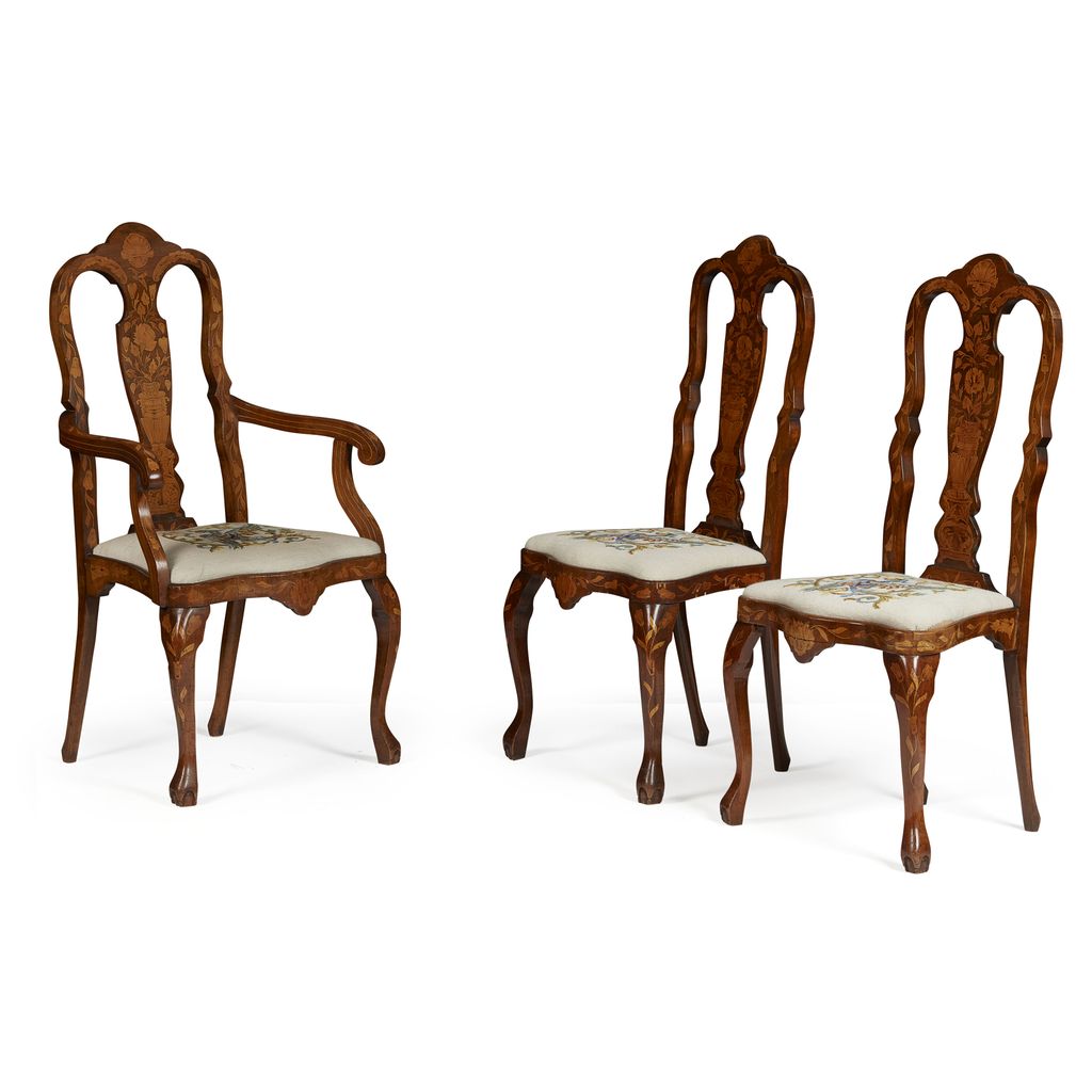 Appraisal: SET OF THREE DUTCH MARQUETRY CHAIRS TH CENTURY comprising a