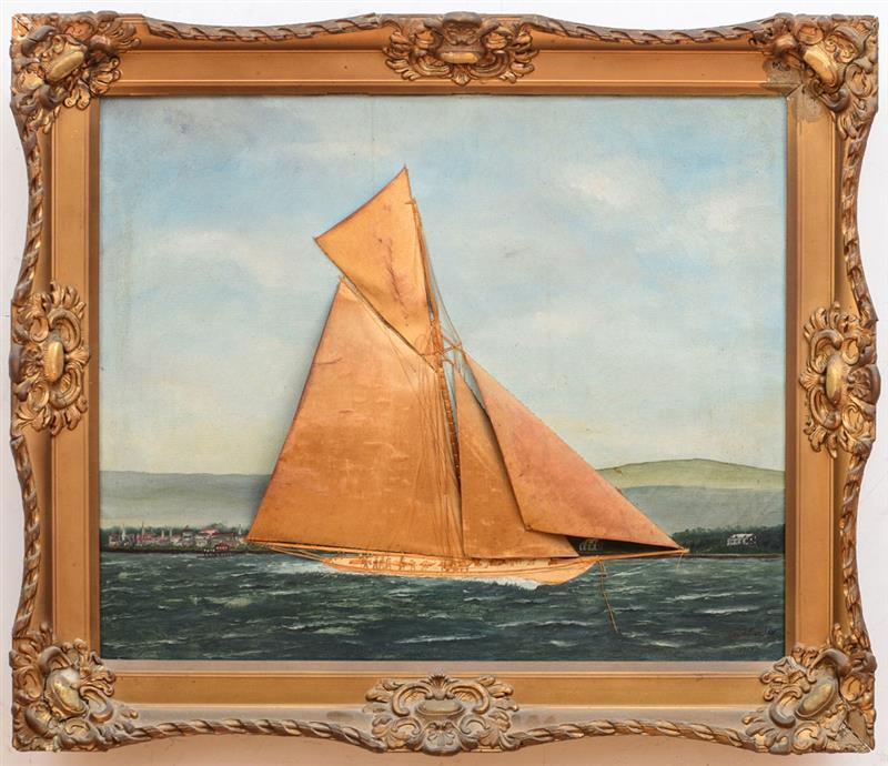 Appraisal: AMERICAN SCHOOL SAILING SHIP Oil on canvas with silk appliqu