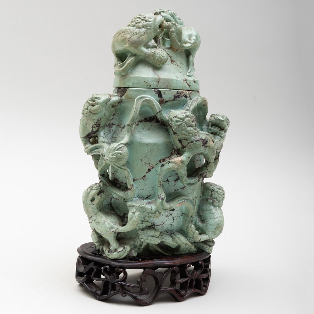 Appraisal: Chinese Hardstone Vase and Cover With wood stand in high