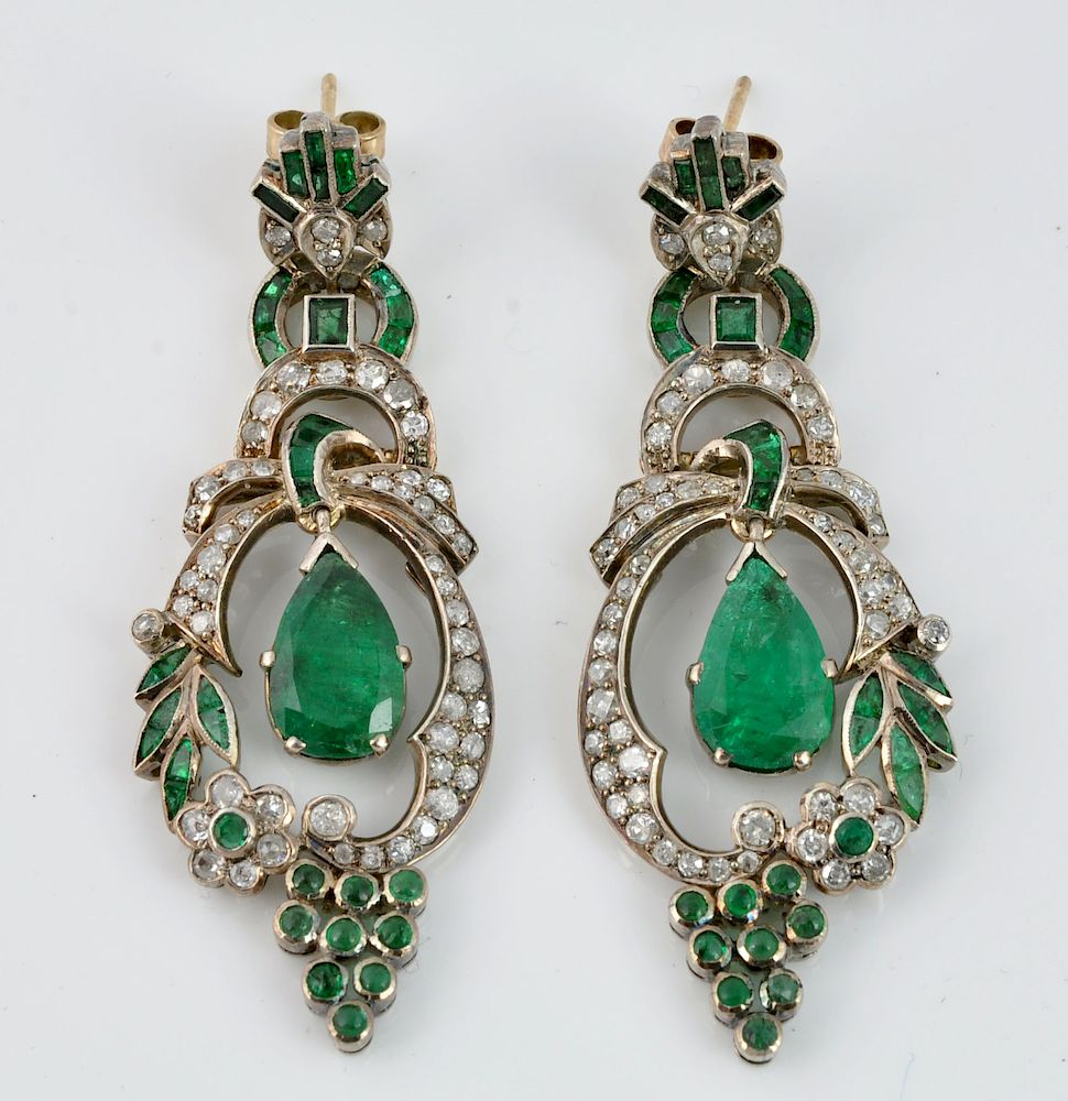 Appraisal: Diamond Emerald Silver Chandelier Earrings Pair of pierced earrings featuring