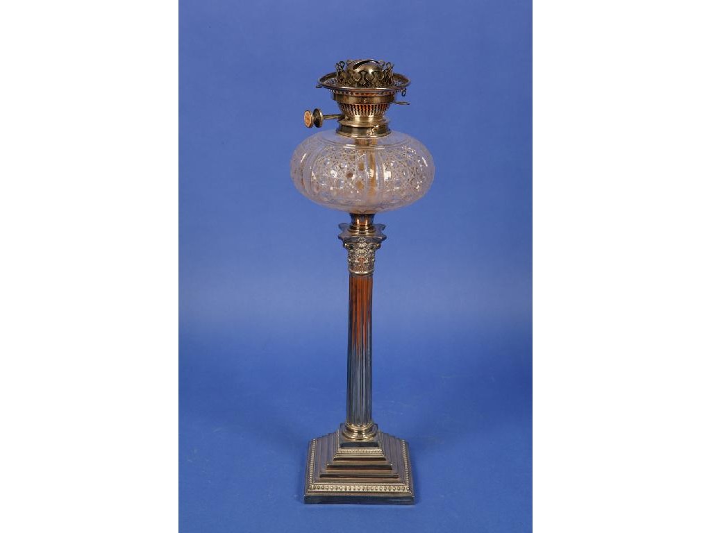 Appraisal: A VICTORIAN SILVER PLATED CORINTHIAN COLUMN OIL LAMP with a