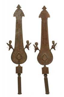 Appraisal: PAIR OF PERSIAN BATTLE STANDARDS Qajar Etched Iron Standard Crowns