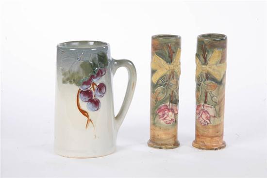 Appraisal: THREE PIECES OF WELLER An Etna handled mug with grape