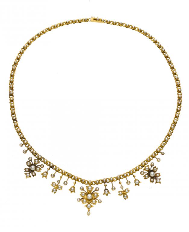 Appraisal: AN ANTIQUE SEED PEARL AND GOLD FRINGE NECKLET with three