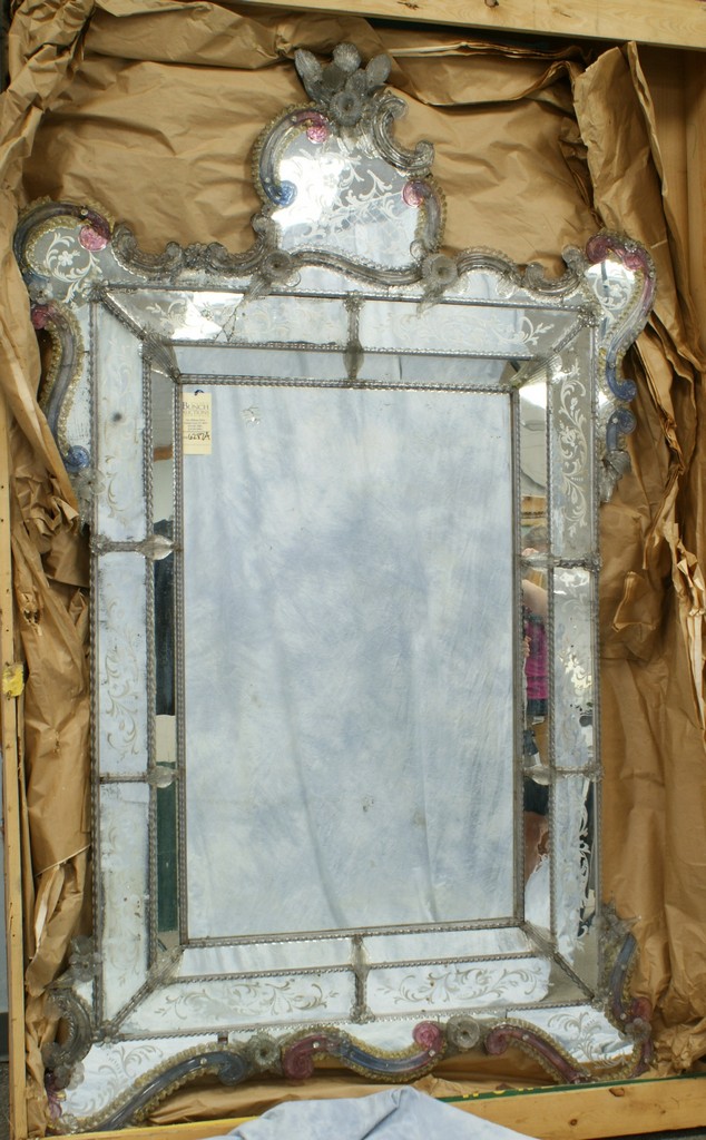 Appraisal: Venetian multi-colored wall mirror engraved decoration at top and down