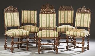 Appraisal: Set of Six French Louis XIII Style Carved Oak Upho