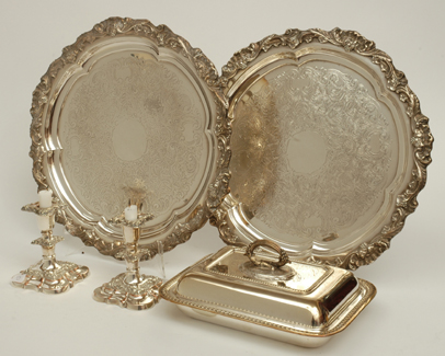 Appraisal: TWO SILVER PLATE TRAYS A TUREEN AND A PAIR OF