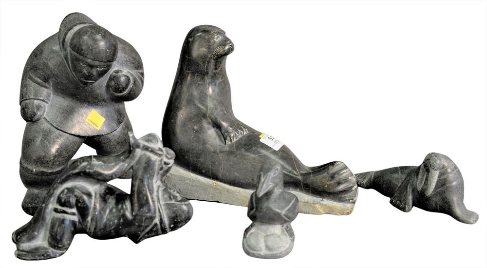 Appraisal: Group of Five Inuit Soapstone Carvings to include a walrus