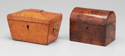 Appraisal: Two tea boxes one sarcophagus form bird s-eye maple -