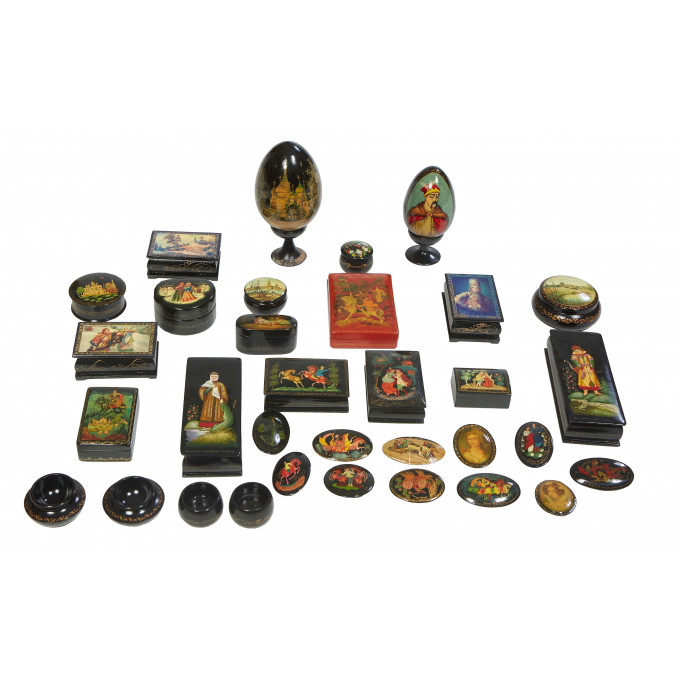 Appraisal: Group of Thirty-Seven Russian Hand Painted Lacquered Items th c