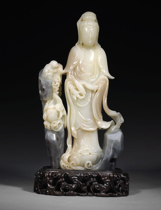 Appraisal: TALL CARVED JADE GUANYIN Chinese carved jade figure of Guanyin