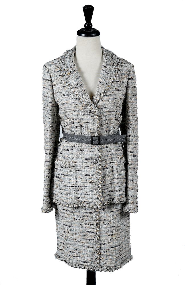 Appraisal: Chanel Grey Gold Silk Boucle Skirt Suit Sz Chanel grey