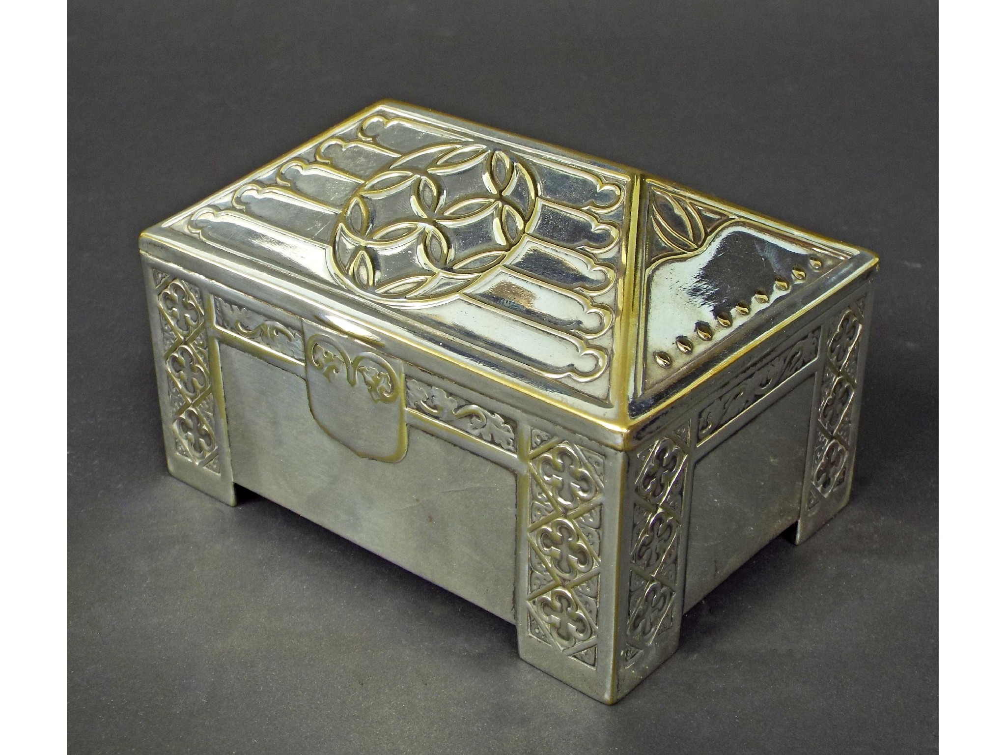 Appraisal: WMF silver plated sarcophagus tobacco box embossed with Celtic type