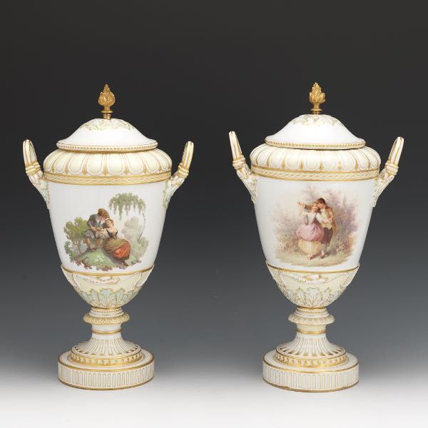 Appraisal: PAIR OF KPM LIDDED URNS TH CENTURY x x Overall