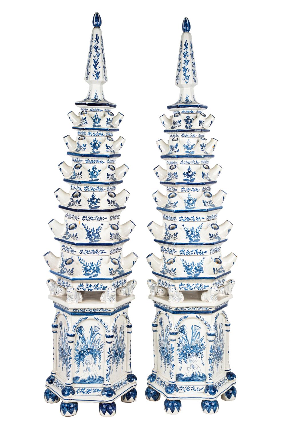 Appraisal: PAIR OF DELFT-STYLE FAIENCE TULIPIERES th century one with partially