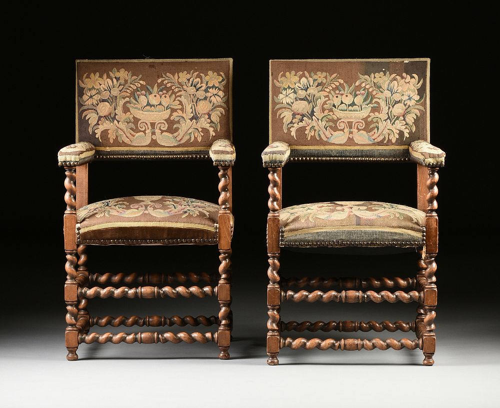 Appraisal: A PAIR OF LOUIS XIII STYLE NEEDLEWORK UPHOLSTERED AND CARVED