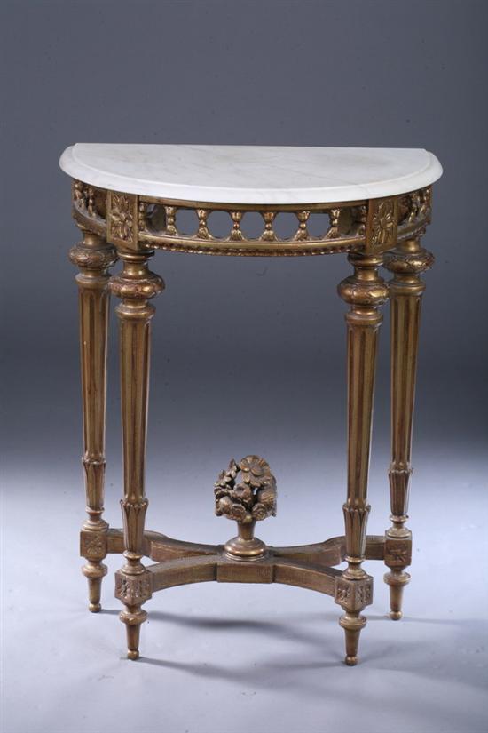 Appraisal: LOUIS XVI STYLE MARBLE-TOP DEMI-LUNE CONSOLE early th century Gilt-wood