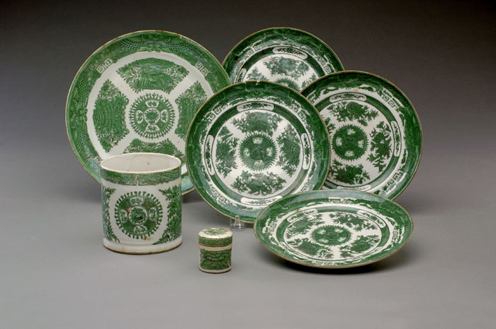 Appraisal: LOT OF SEVEN GREEN FITZHUGH TABLE OBJECTS Includes a strap