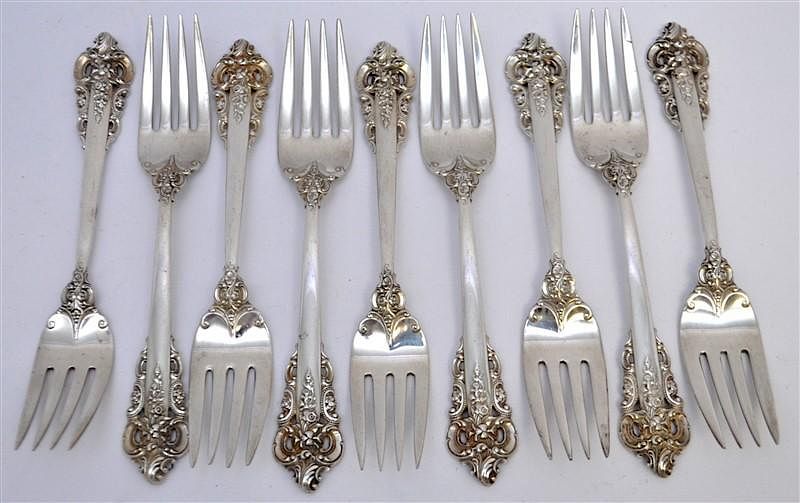 Appraisal: STERLING GRAND BAROQUE EUROPEAN SALAD FORKS Nine Sterling Siver Wallace