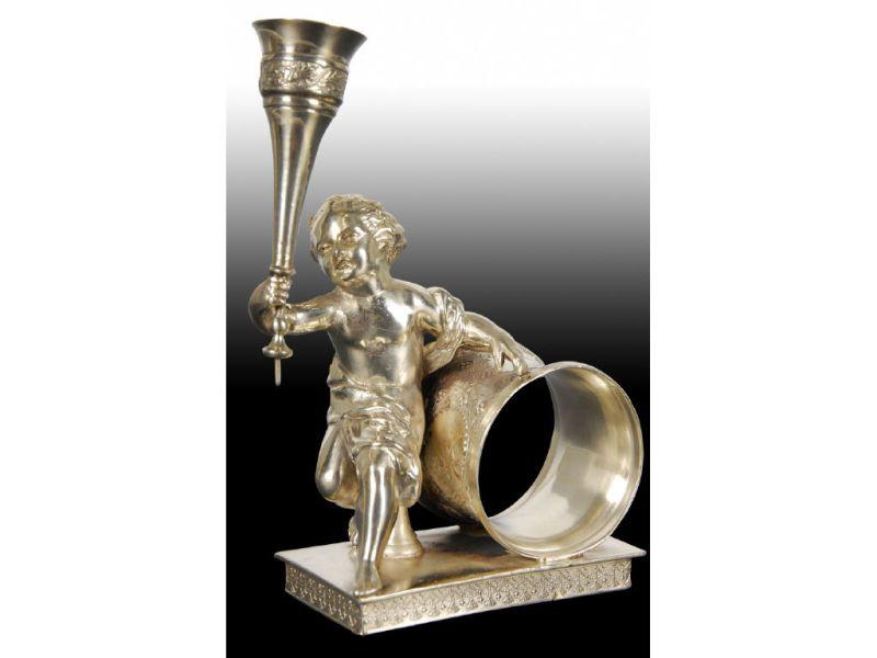 Appraisal: Draped Seated Cherub Figural Napkin Ring with Bud Description Rectangular