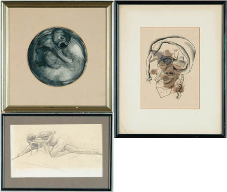 Appraisal: THREE FRAMED PICTURES Pencil sketch of nude signed S Fox