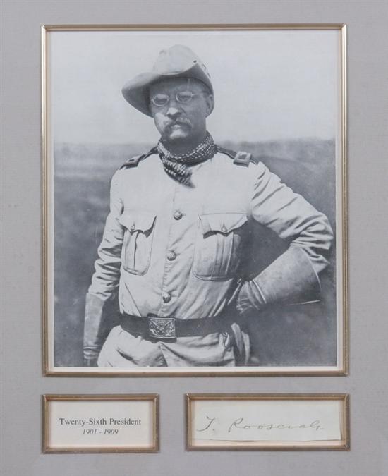 Appraisal: THEODORE ROOSEVELT SIGNATURE Cut signature in frame with photogravure portrait