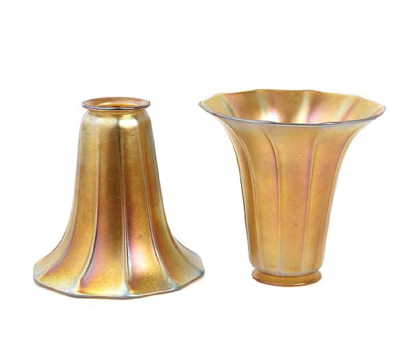 Appraisal: Four American gold iridescent art glass ribbed flori-form shades early