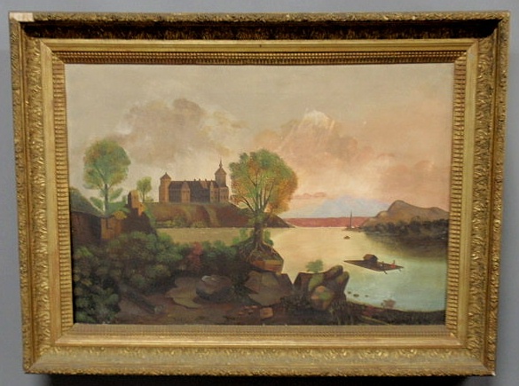 Appraisal: Primitive landscape painting c of buildings and a flatboat on