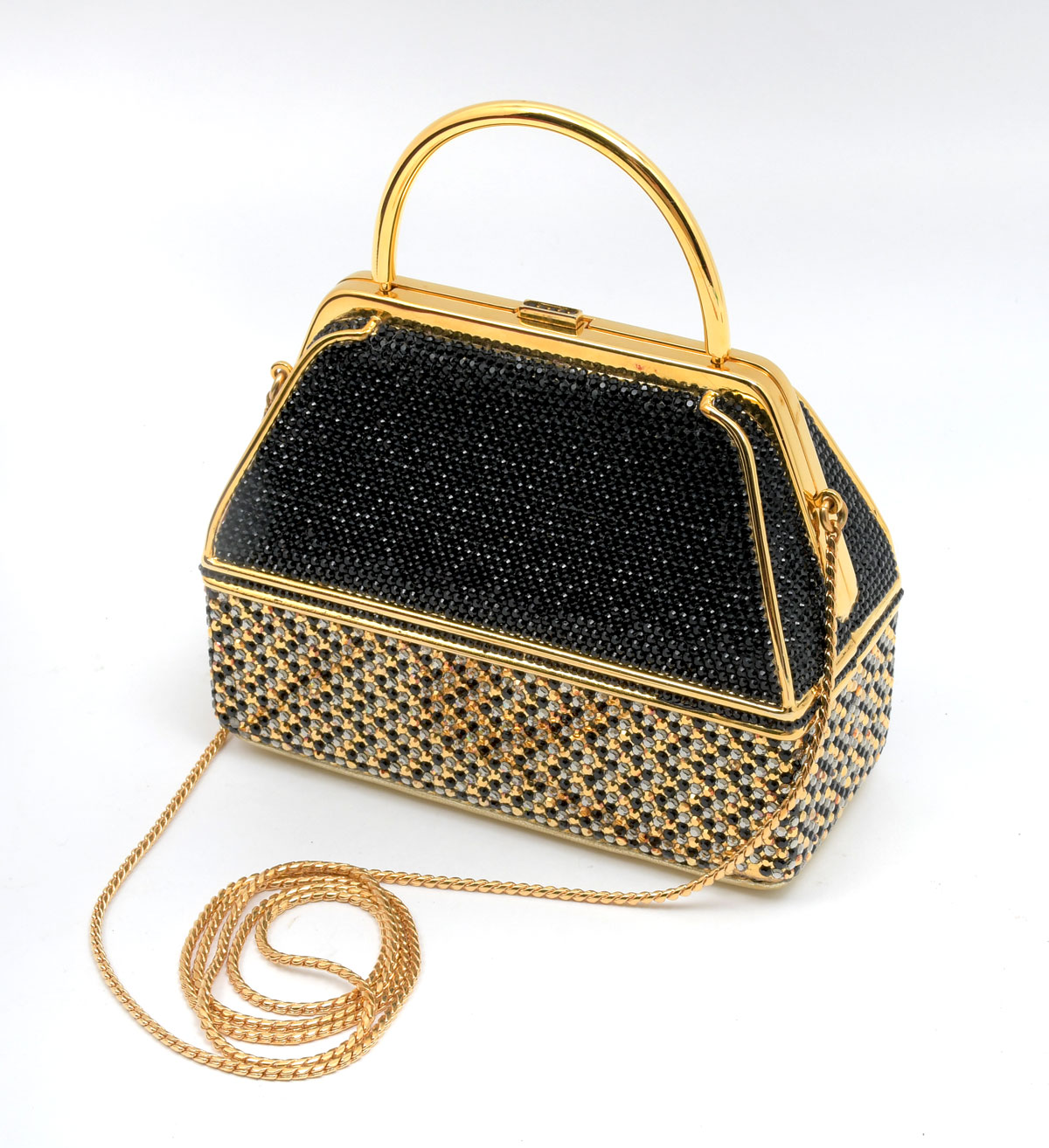 Appraisal: JUDITH LEIBER CROSS BODY BLACK AND GOLD CLUTCH Gold frame