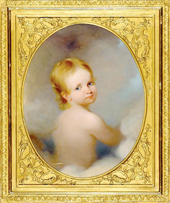 Appraisal: American school th century INFANT AMONGST CLOUDS oil on canvas