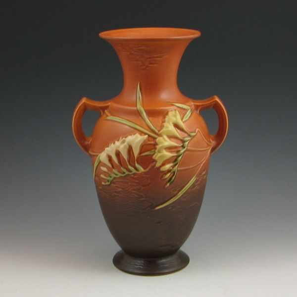 Appraisal: Roseville Freesia handled vase in brown Marked Roseville USA -